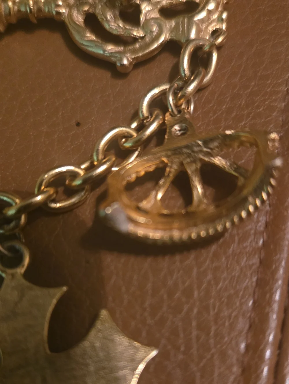 Gold-Tone Key & Charm Card Holder Accent with Green Gem and Cross Pendant